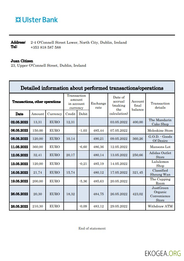 Relevé de la Banque d'Irlande Ulster